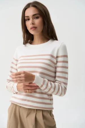 Beige Striped Knit Sweater with a Crew Neck