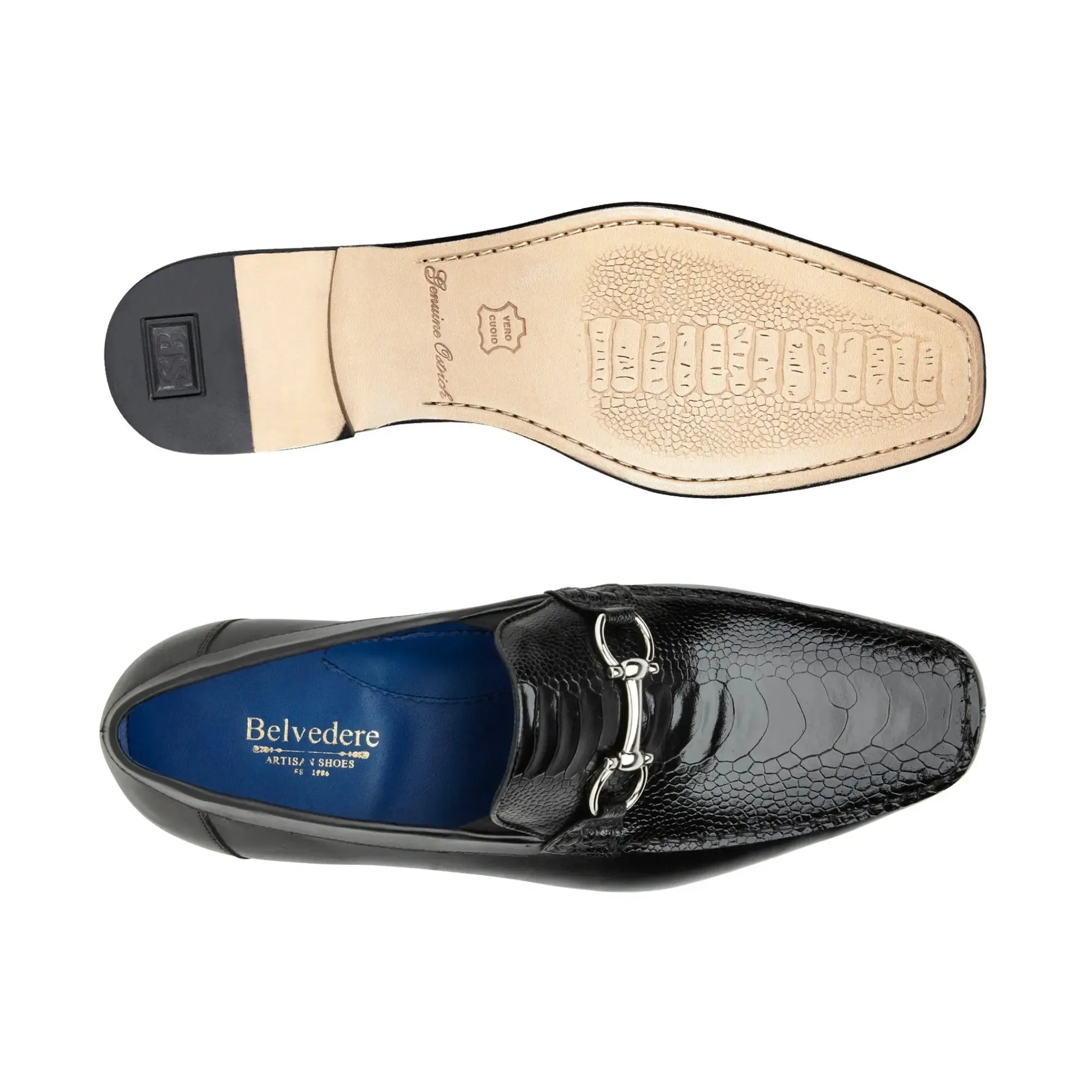 Belvedere Bruno in Black Genuine Ostrich Leg and Italian Calf Loafers