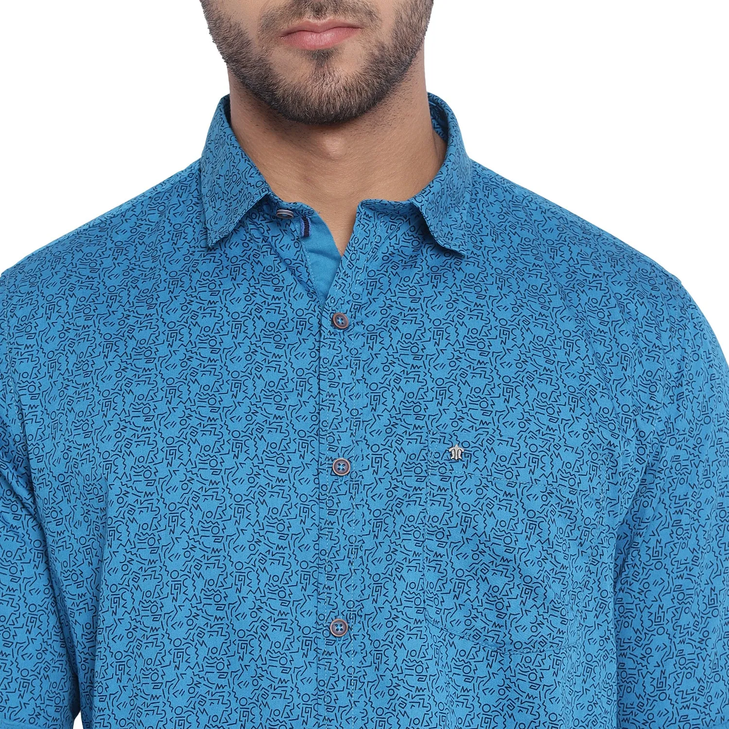 Cotton Blue Printed Slim Fit Casual Shirt