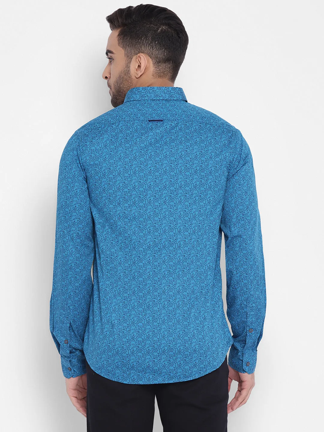 Cotton Blue Printed Slim Fit Casual Shirt