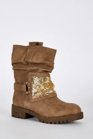 Gold Coloured Panel Biker Boots