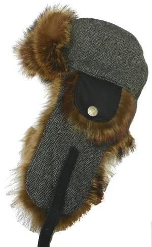 Harricana Recycled Raccoon Fur Wool Herrringbone Trooper Hat Deluxe Aviator