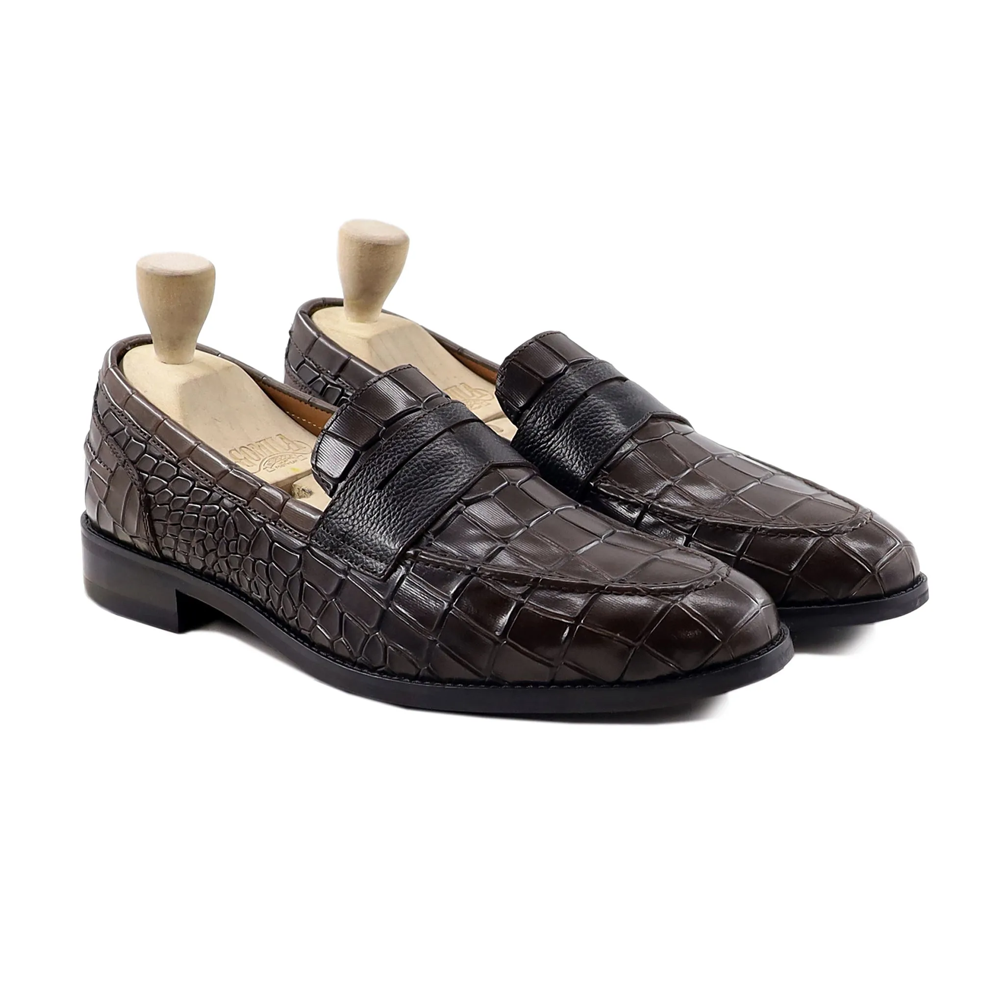 Lainey - Men's Dark Brown Calf and Pebble Grain Leather Loafer