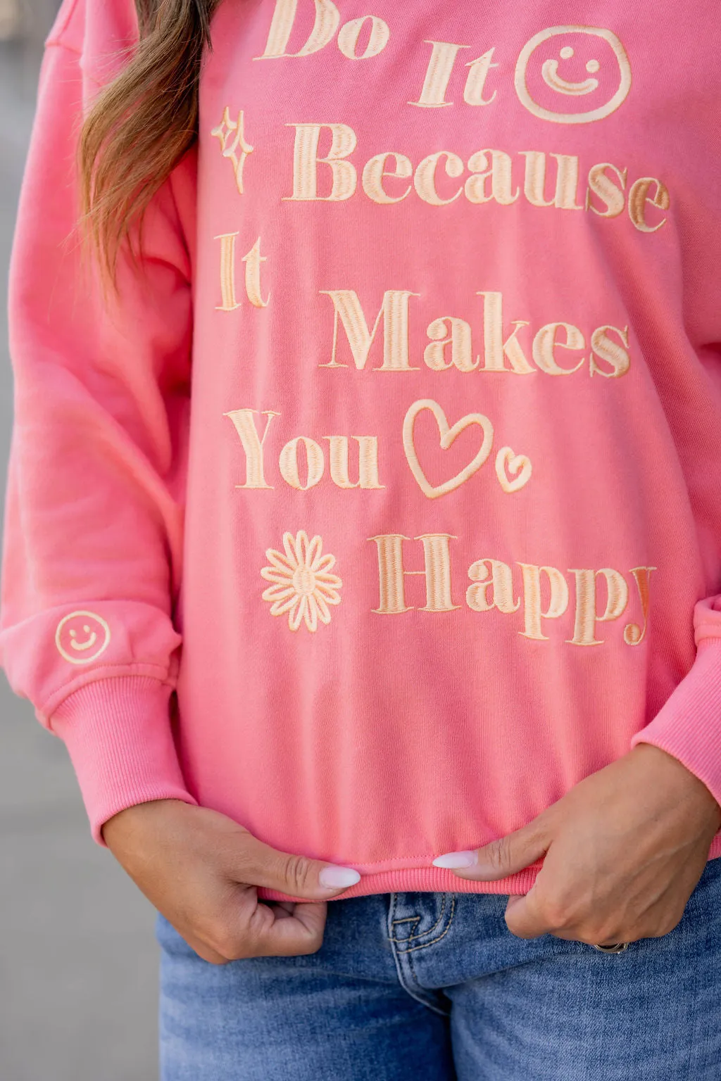 Makes You Happy Embroidered Graphic Crewneck