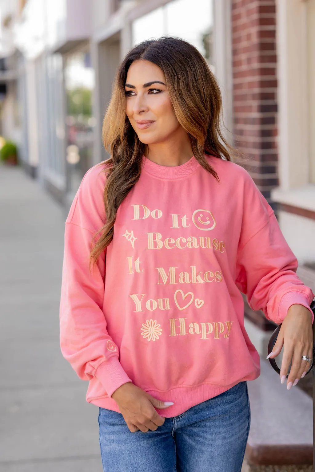 Makes You Happy Embroidered Graphic Crewneck