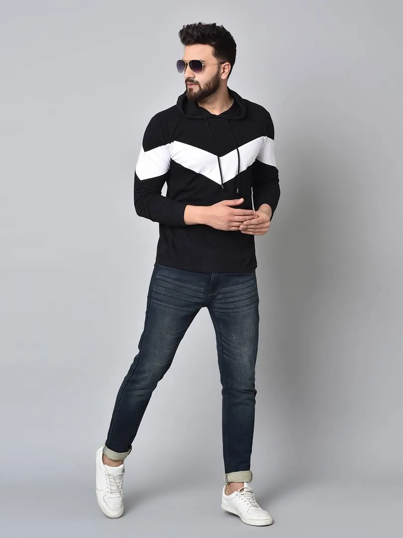 Men's Black Colourblocked Cotton Hooded Tees