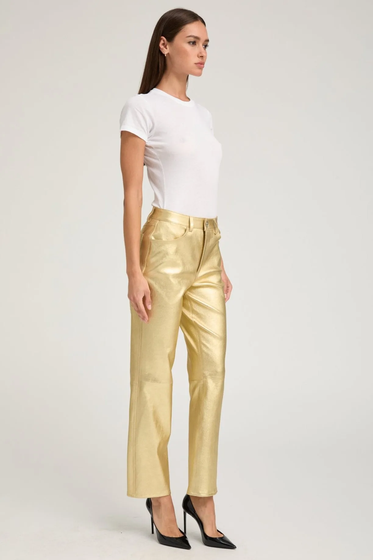 Metallic Gold Leather Slim Straight