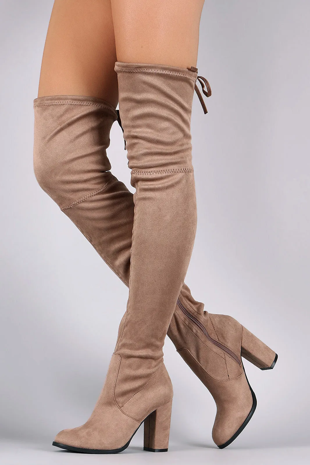 Over-The-Knee Suede Almond Toe Self-Tie Back Boots