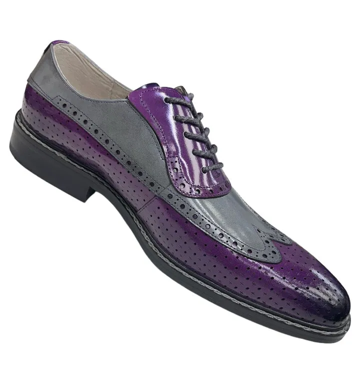 Purple-Gray Men's Two-Tone Lace-Up Wing tip Oxford Dress Shoes