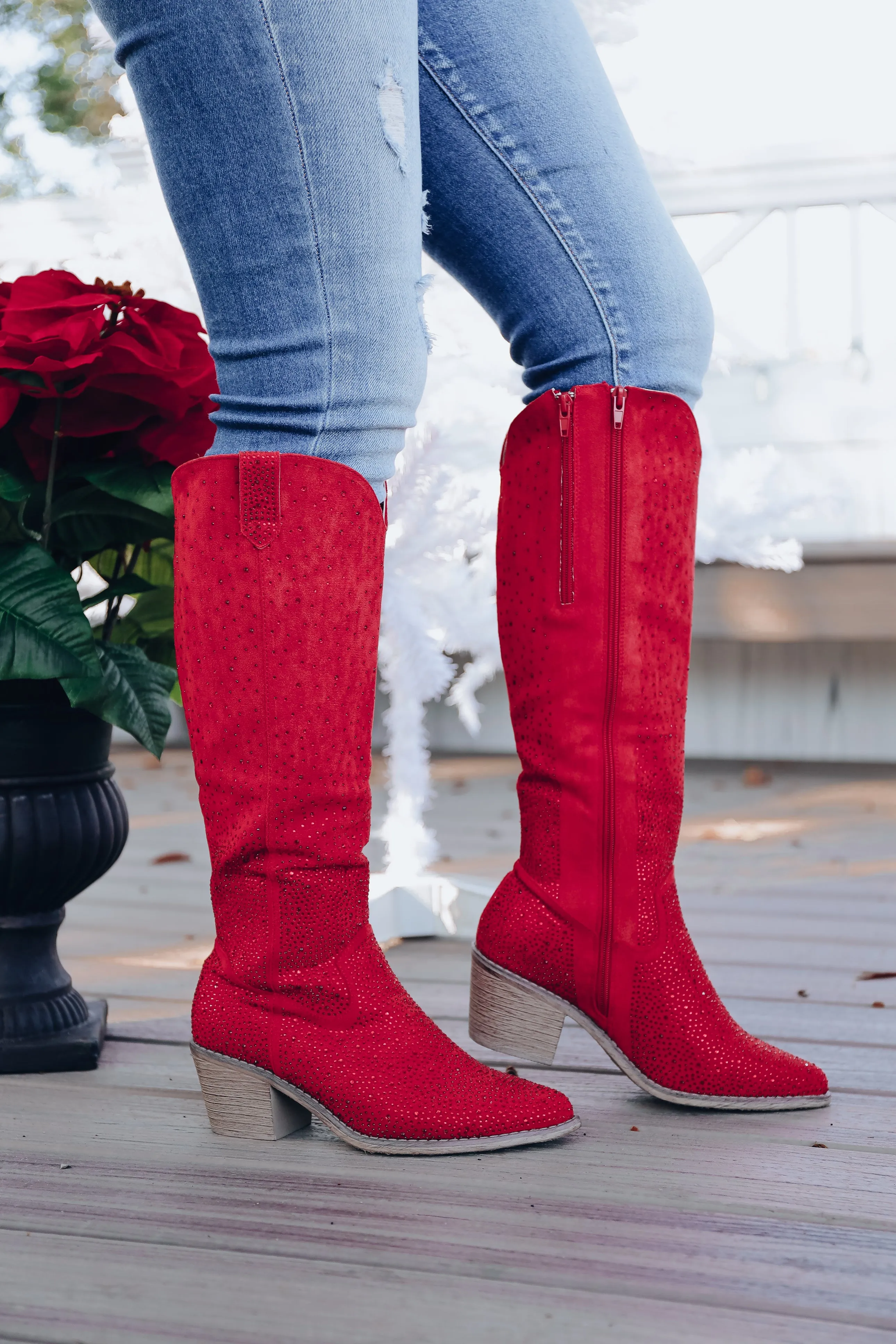 Steppin' Out Rhinestone Knee High Boot - Red