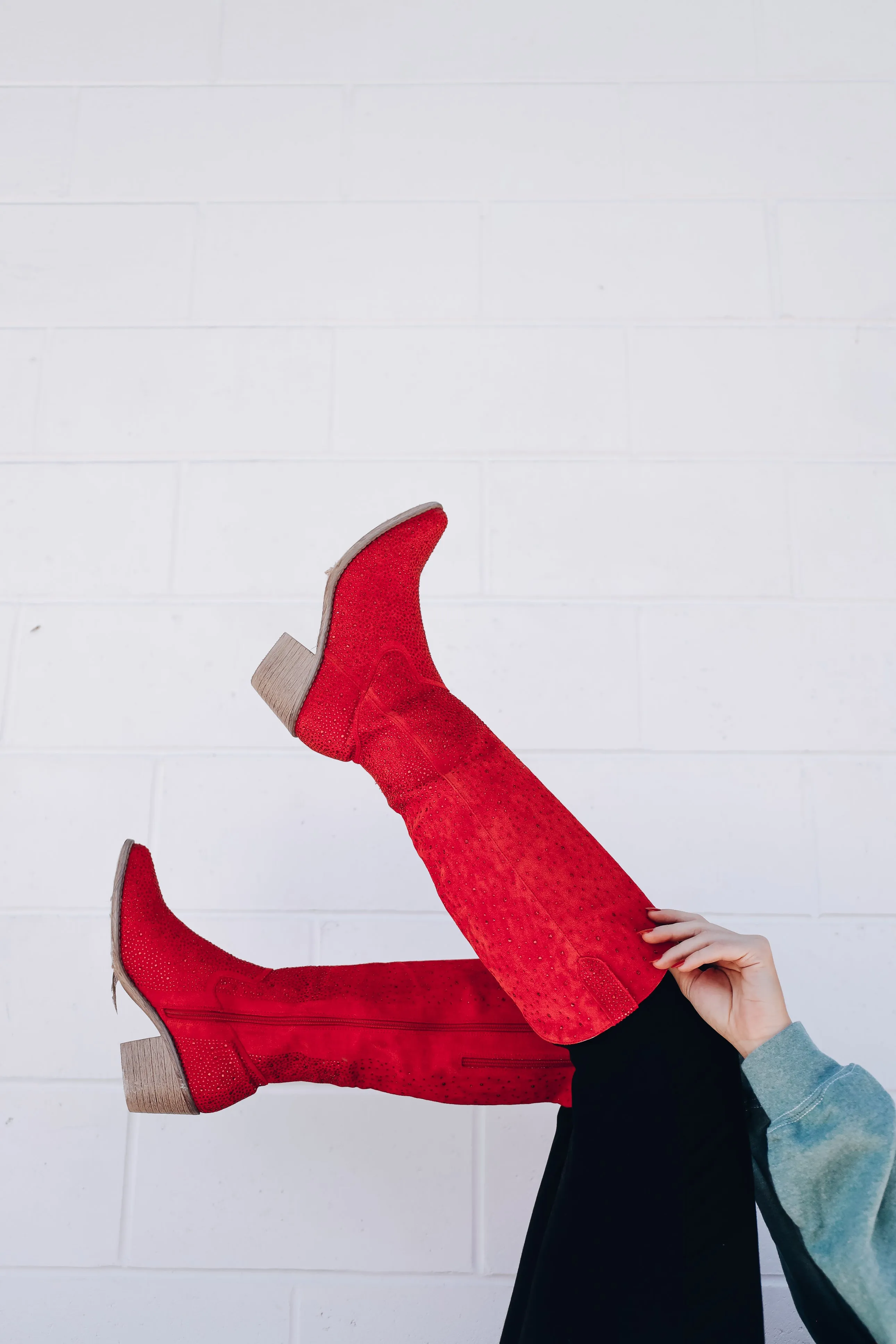 Steppin' Out Rhinestone Knee High Boot - Red