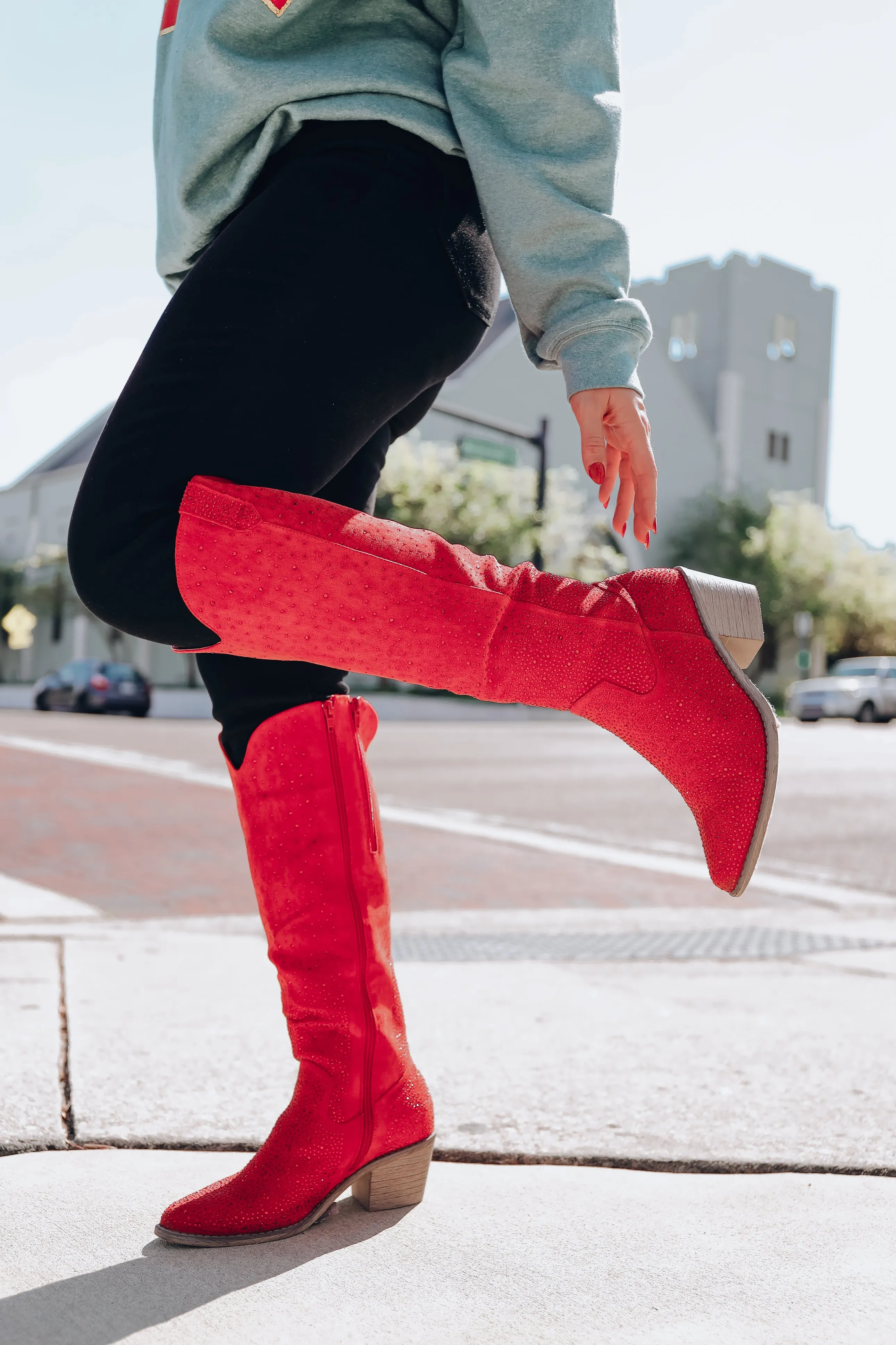 Steppin' Out Rhinestone Knee High Boot - Red