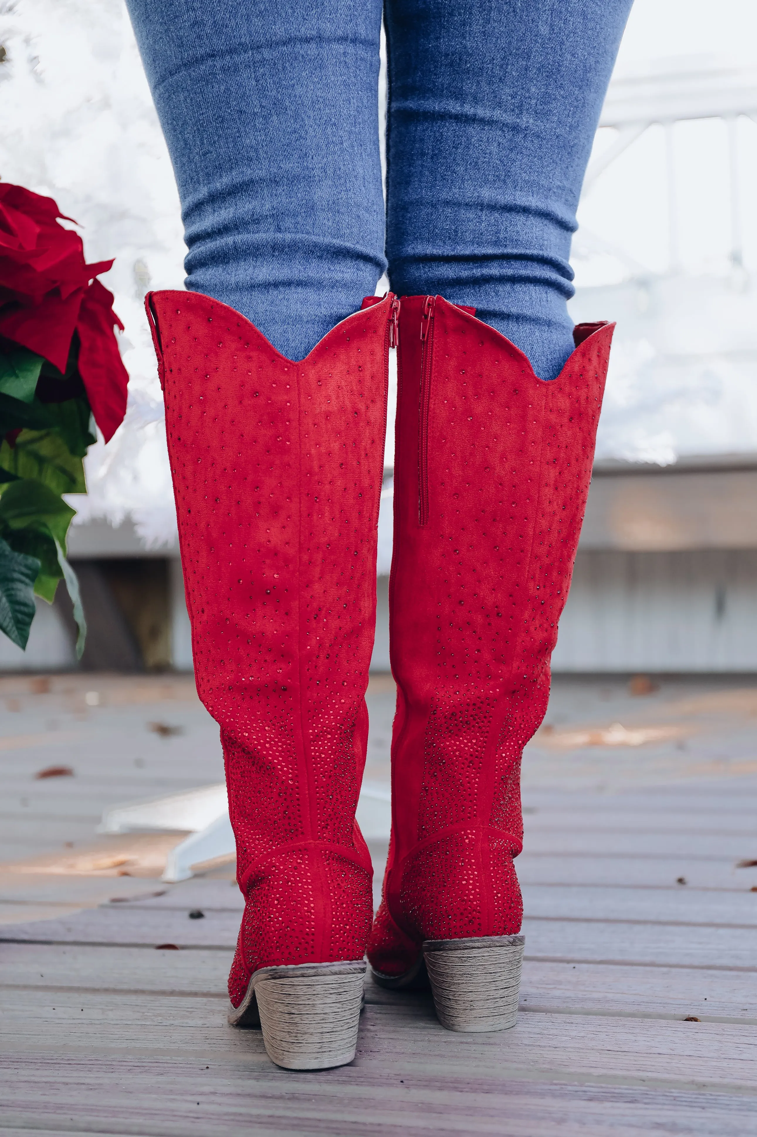 Steppin' Out Rhinestone Knee High Boot - Red