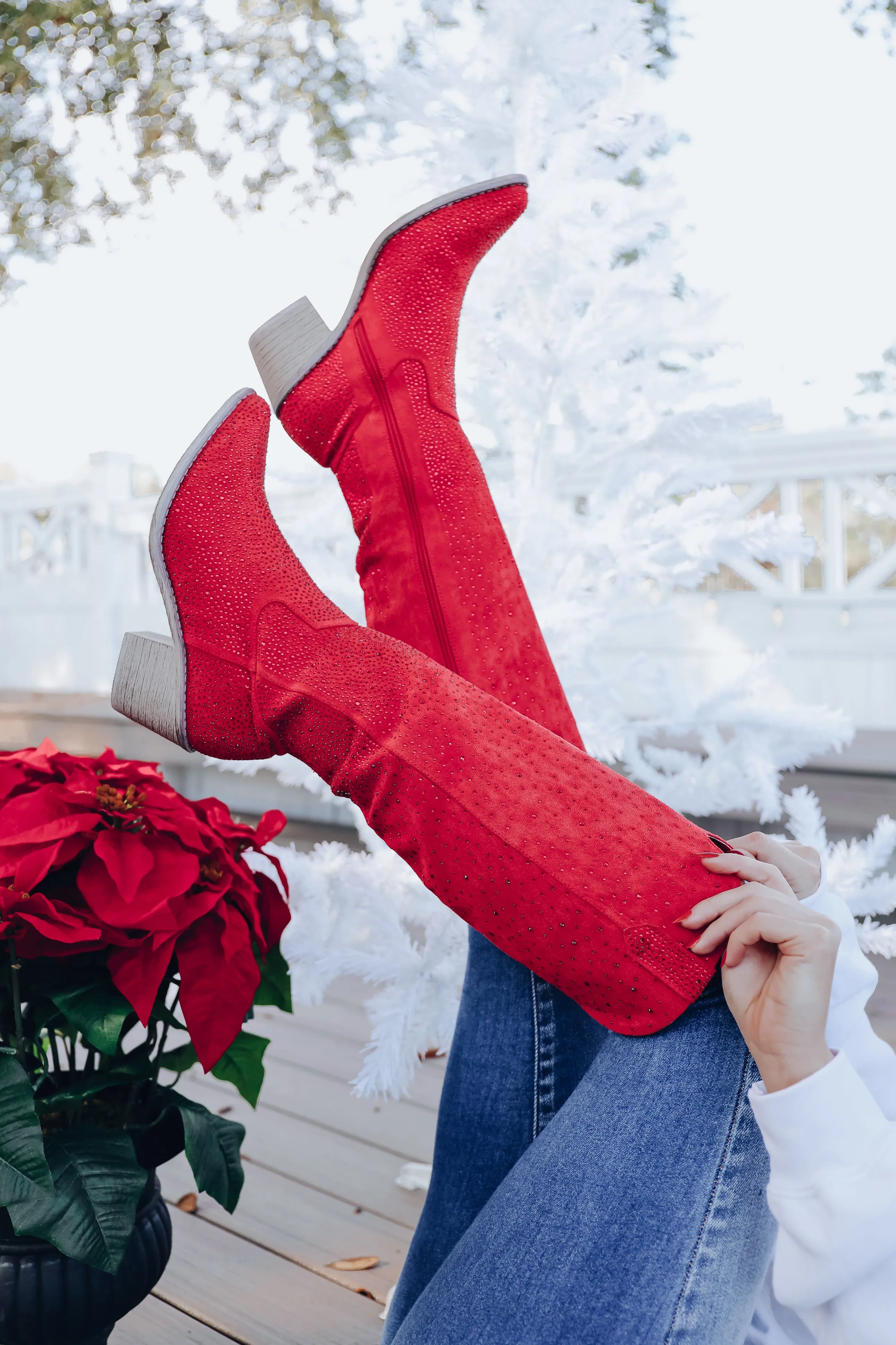 Steppin' Out Rhinestone Knee High Boot - Red