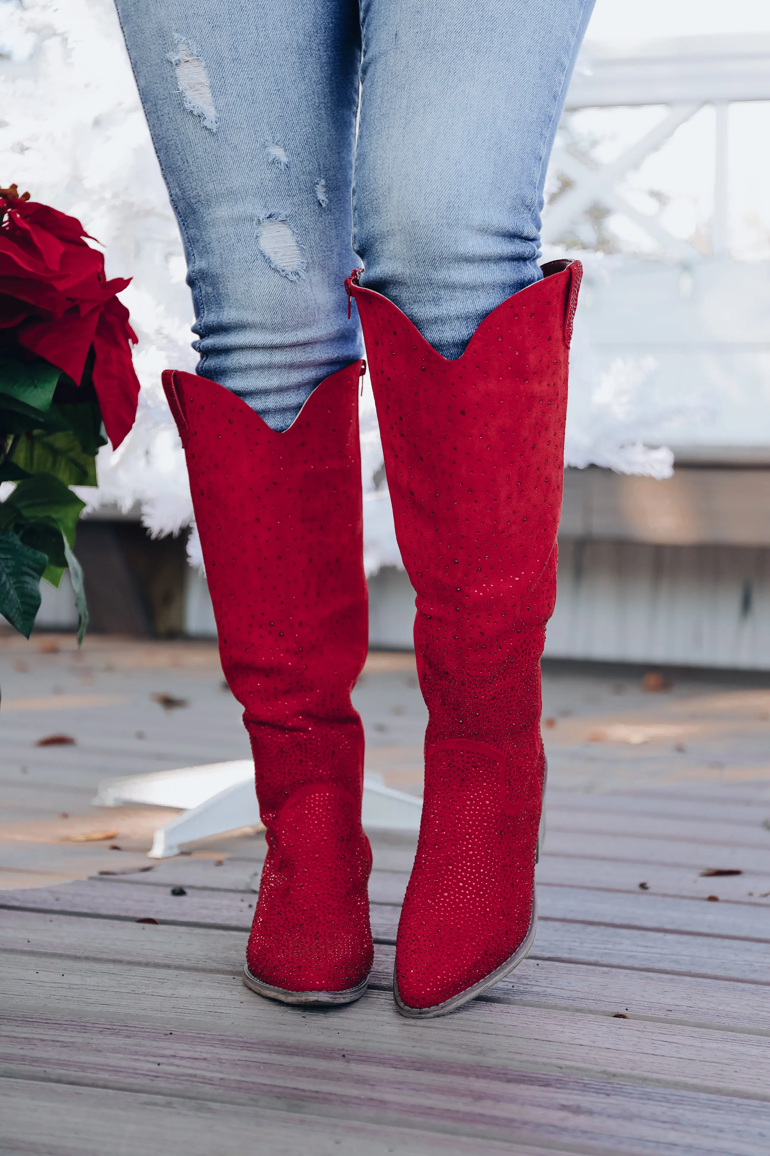 Steppin' Out Rhinestone Knee High Boot - Red