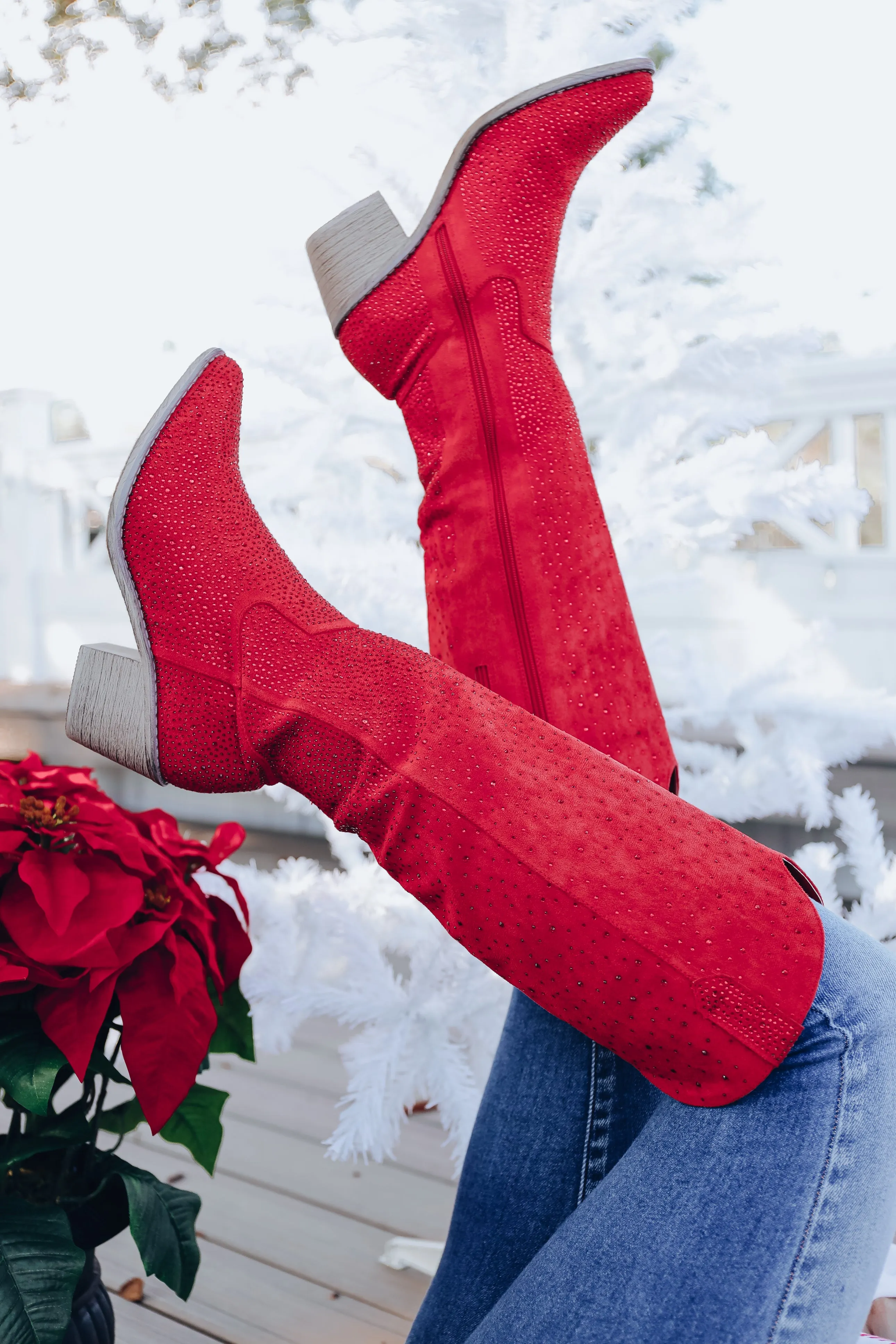 Steppin' Out Rhinestone Knee High Boot - Red