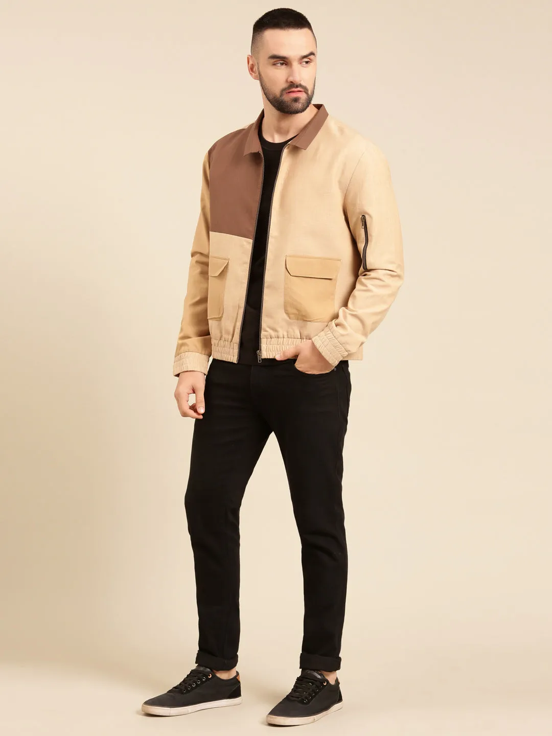 Tri Color Beige Khaki Cotton Bomber Jacket - MMBJ023