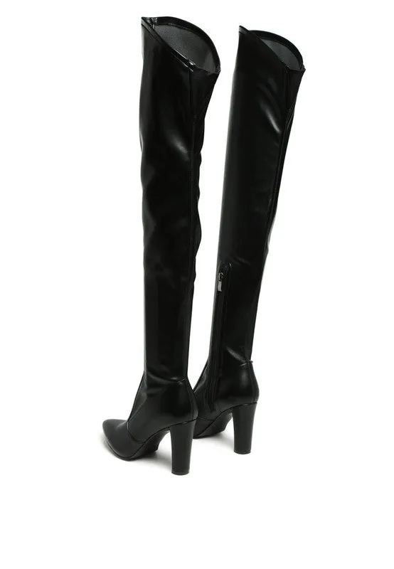 ZADE THIGH HIGH LONG BOOTS IN STRETCH FAUX PATENT LEATHER